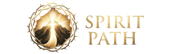 Logo of 'Spirit Path' with a central figure and crown of thorns on a white background