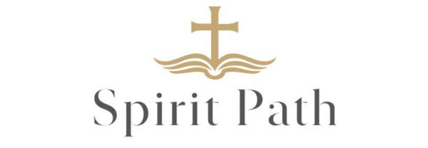 The logo for Spirit Path features a gold Christian cross resting on open book-like waves above the words 'Spirit Path' in dark gray serif text, centered on a plain white background.