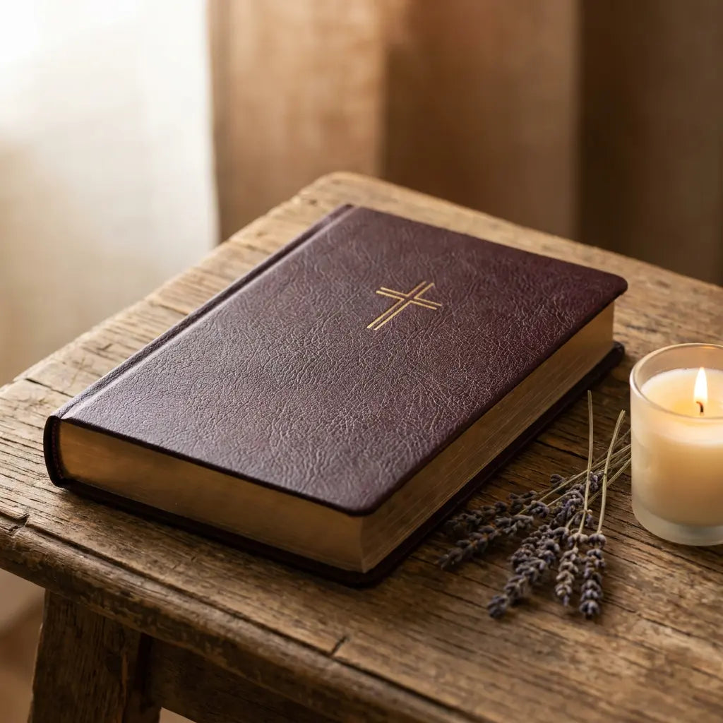 Brown leather-bound book with a gold cross on a wooden surface next to a lit candle and lavender.