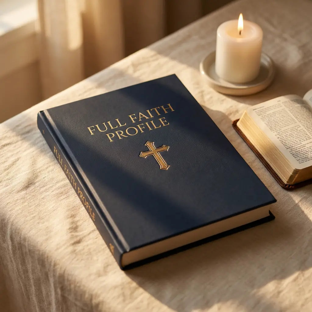 Blue book titled 'Full Faith Profile' with a gold cross on a table with a lit candle.